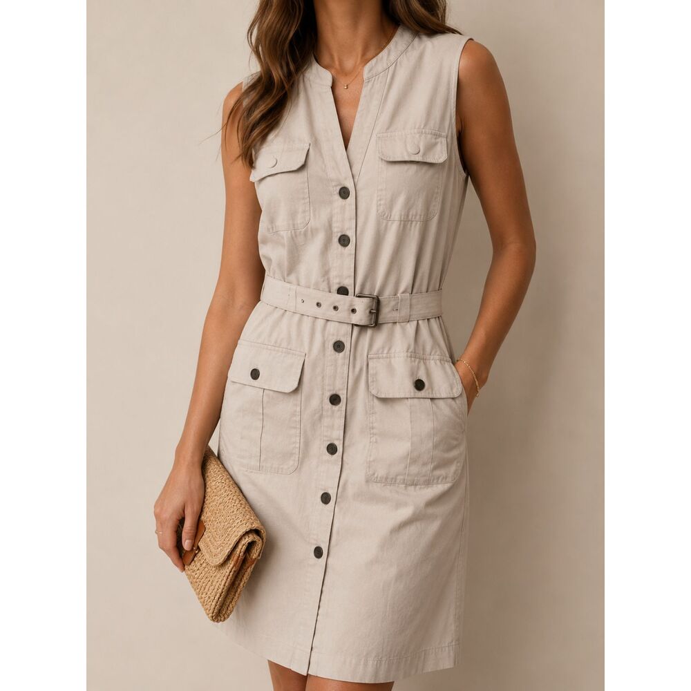Banana Republic Safari Cargo Shirt Dress Beige Taupe Belted Size 6